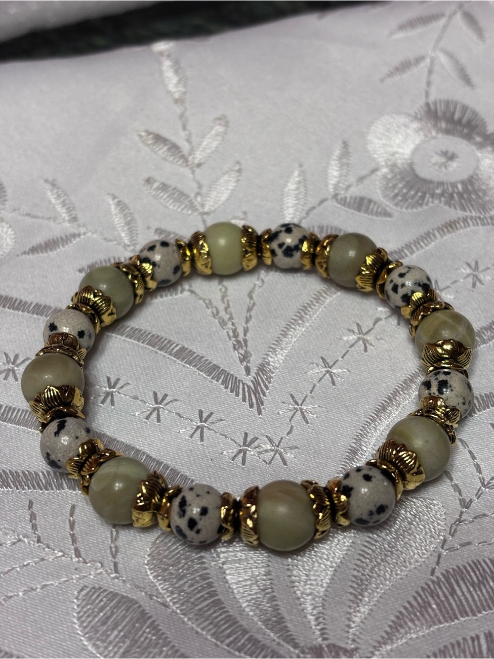 Dalmatian Jasper and Butter Yellow Stretch Bracelet 7.5 inches